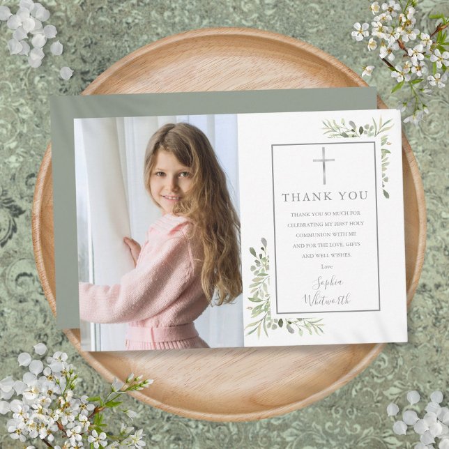 Tarjeta De Agradecimiento Fotos de Verde para Primera Comunión (First Holy Communion Greenery Photo Thank You Card)