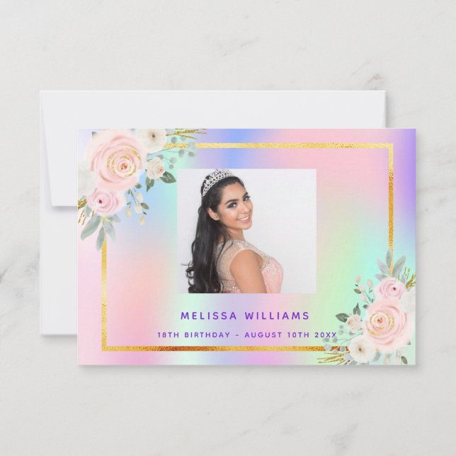 Tarjeta De Agradecimiento Fotos florales púrpuras de cumpleaños holográficas (Reverso)