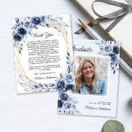Tarjeta De Agradecimiento Fotos Graduadas Flores azules de la Marina Gracias
