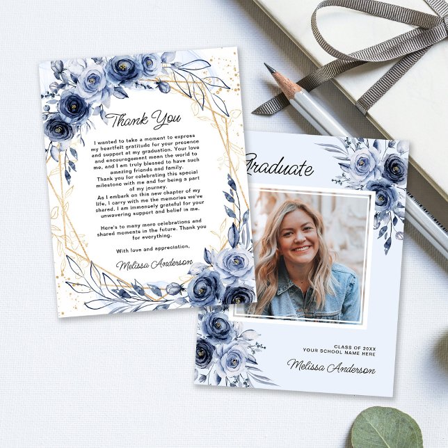 Tarjeta De Agradecimiento Fotos Graduadas Flores azules de la Marina Gracias (Subido por el creador)
