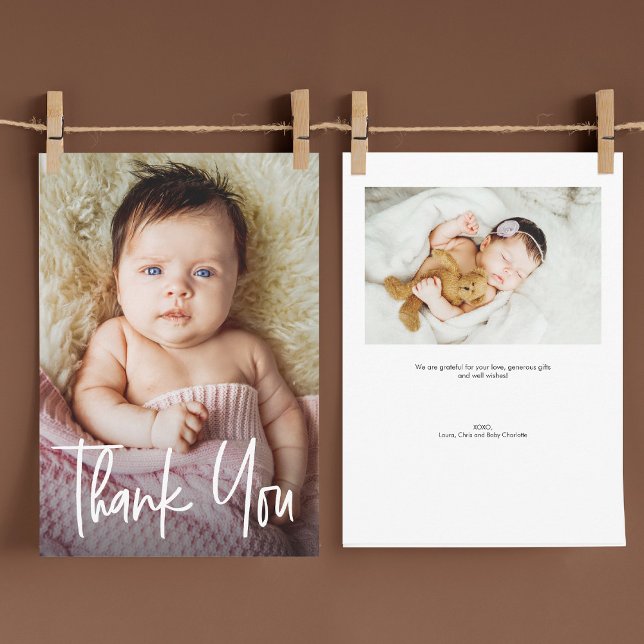 Tarjeta De Agradecimiento Fotos modernas de Chicas para la manipulación Baby (Baby girl baby shower thank you 2 photo card templates with wording.)
