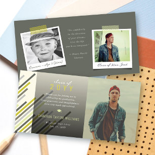 Tarjeta De Agradecimiento Fotos Modernas de Graduación con Rayas Grises Verd
