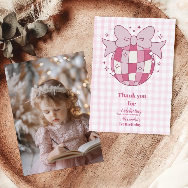 Tarjeta De Agradecimiento Fotos retro Cute Rosa Coquette 1er cumpleaños (Subido por el creador)