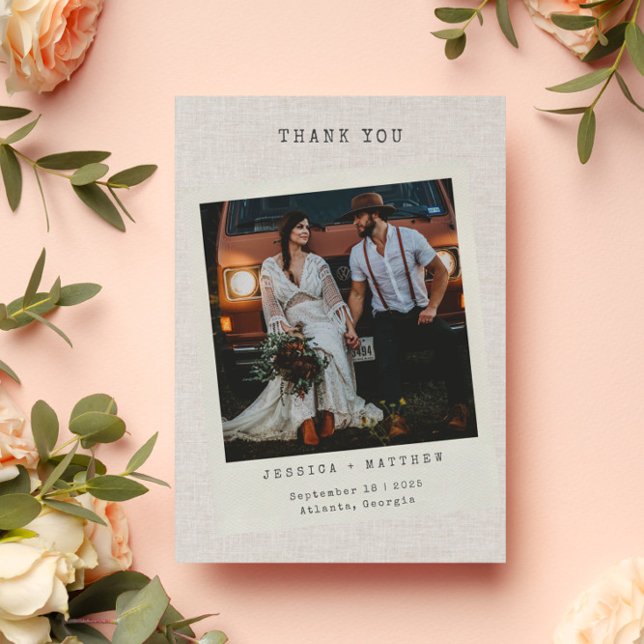 Tarjeta De Agradecimiento Fotos retro Faux Linen Custom Wedding (Subido por el creador)