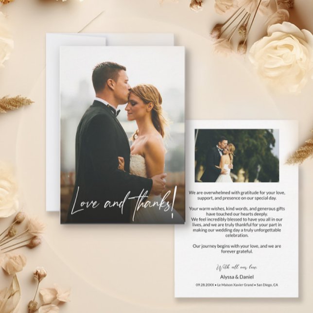 Tarjeta De Agradecimiento Fotos simples y modernas de Boda amor y gracias (Love and Thanks modern wedding photo thank you cards.)