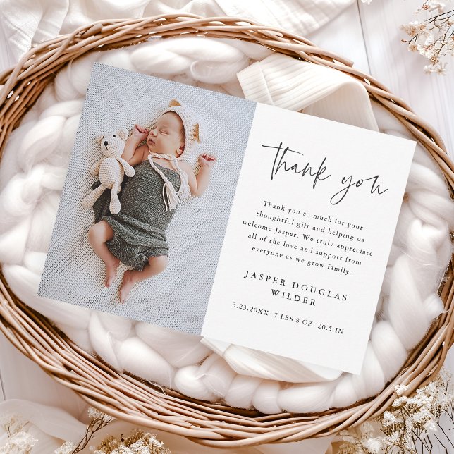 Tarjeta De Agradecimiento Fotosimple de bebé con letra script (Simple script baby photo thank you card.)