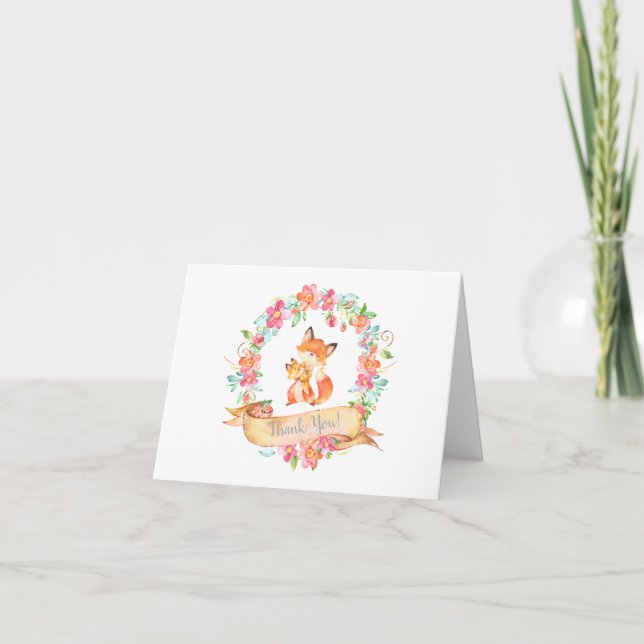 Tarjeta De Agradecimiento Fox Woodland Mom Baby Floral Wreath Gracias (Anverso)