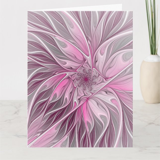 Tarjeta De Agradecimiento Fractal Pink Flower Dream, Floral Fantasy Pattern (Anverso)