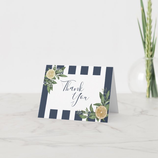 Tarjeta De Agradecimiento Franja Azul Marino Acuarela Limón Cítrico Doblado (Anverso)