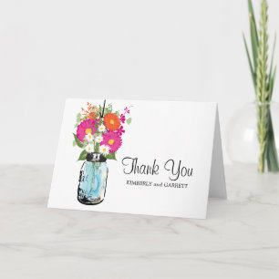 Tarjeta De Agradecimiento Frasco de Mason Azul Rústico y Margaritas Gerber