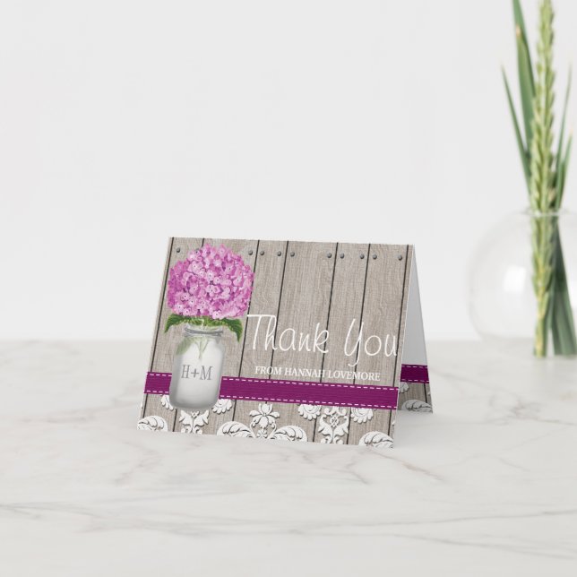 Tarjeta De Agradecimiento Frasco de Mason Monogramado de Hortensia de Ciruel (Anverso)