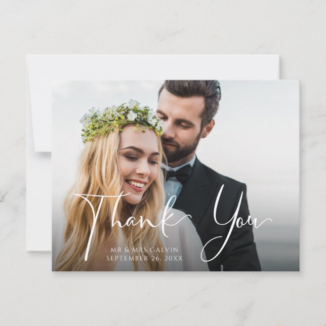 Tarjeta De Agradecimiento Frente fotográfico boda | Atrás floral azul y blan (Anverso)