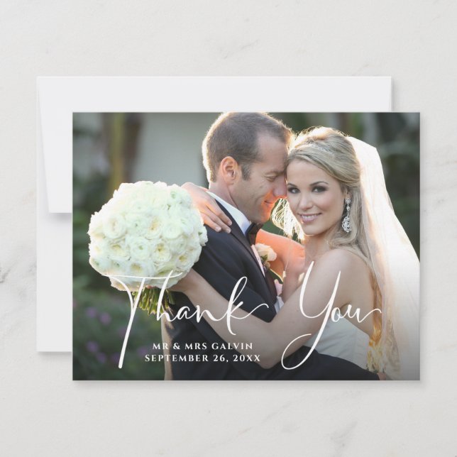 Tarjeta De Agradecimiento Frente fotográfico boda | Respaldo floral blanco a (Anverso)