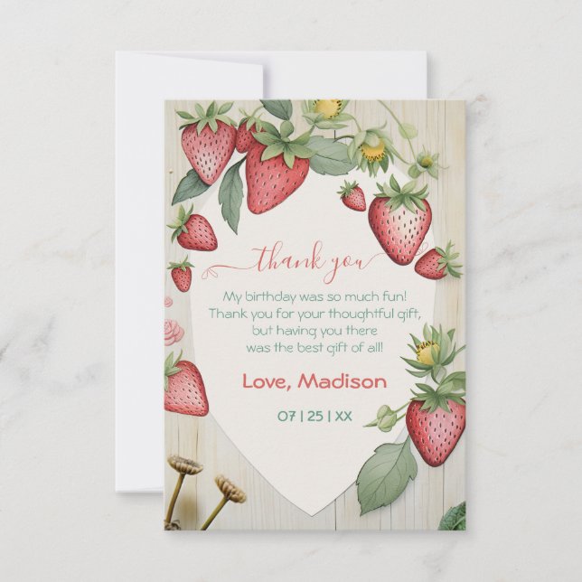 Tarjeta De Agradecimiento Fresa dulce Forma Berry Primer Cumpleaños (Anverso)