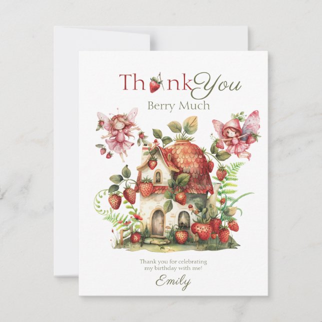 Tarjeta De Agradecimiento Fresa Fairy Berry Sweet Chicas Primer Cumpleaños (Anverso)