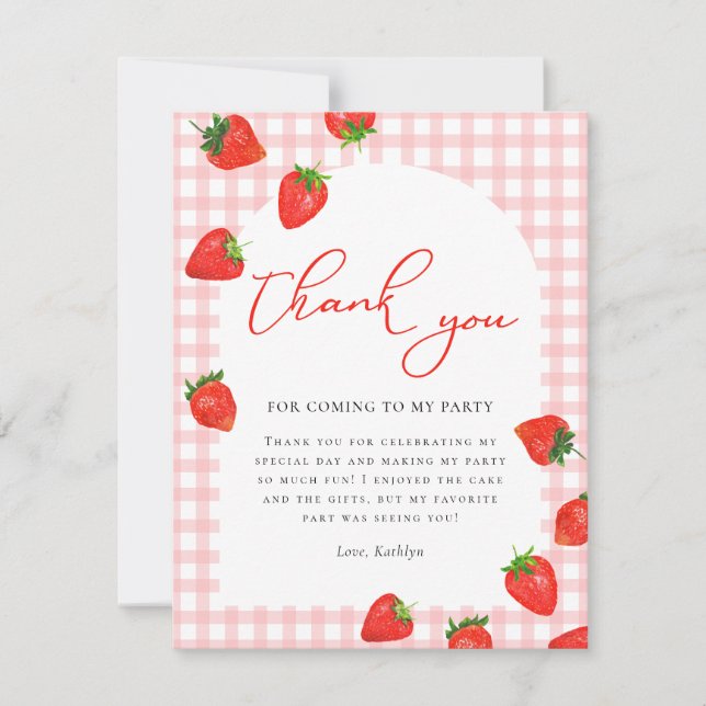Tarjeta De Agradecimiento Fresa Rosa Berry Plaid Cumpleaños (Anverso)