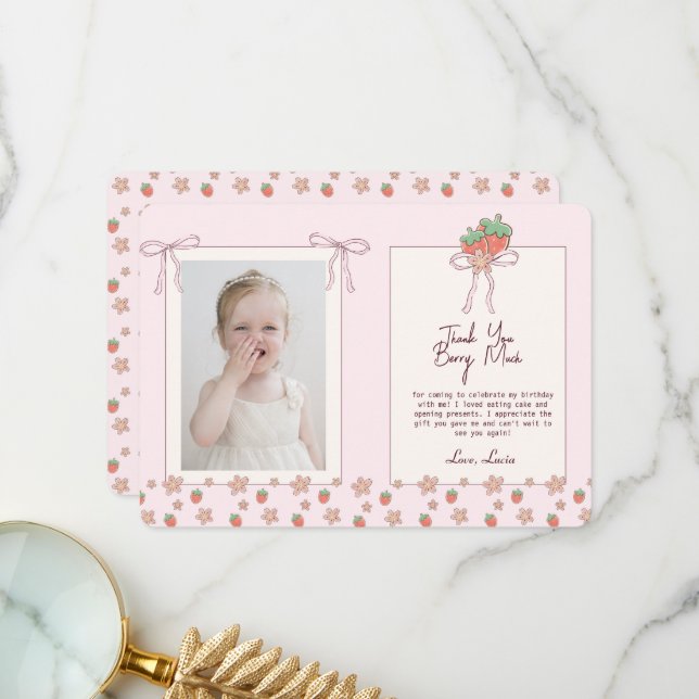 Tarjeta De Agradecimiento Fresas de verano de cinta rosada (Anverso/Reverso In Situ)