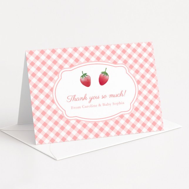 Tarjeta De Agradecimiento Fresas Dulces Fresas y Cuadros Blancos y Rosas (Berry Sweet watercolor strawberries & pink gingham folding thank you card for baby or bridal shower)