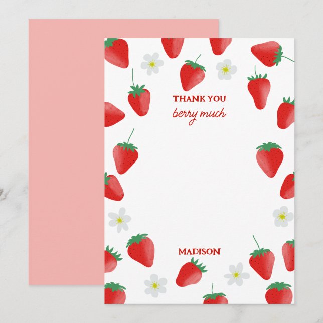 Tarjeta De Agradecimiento Fresas Gracias Berry Mucho Tema De Fresas (Anverso / Reverso)
