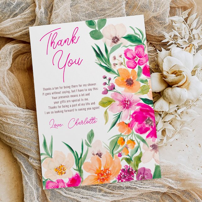 Tarjeta De Agradecimiento Frescura flores silvestres brillantes y atrevidas  (Bright bold wild flowers script bridal shower thank you card on white)