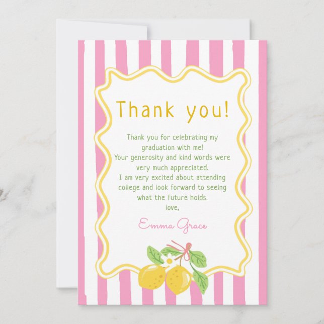 Tarjeta De Agradecimiento Freshly Graduated Lemon Pink Stripes Graduation (Anverso)