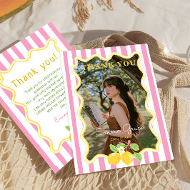 Tarjeta De Agradecimiento Freshly Graduated Lemon Pink Stripes Graduation