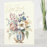 Tarjeta De Agradecimiento FRIEND Cumpleaños Feliz Floral Religioso<br><div class="desc">Con una tarjeta de cumpleaños religiosa para un AMIGO QUERIDO con hermosas flores en un jarrón y una imagen católica tradicional de la Santísima Virgen María, Nuestra Señora de la Gracia. Un versículo de las Escrituras está en el interior con las flores y el rosario. Todo el texto y las...</div>