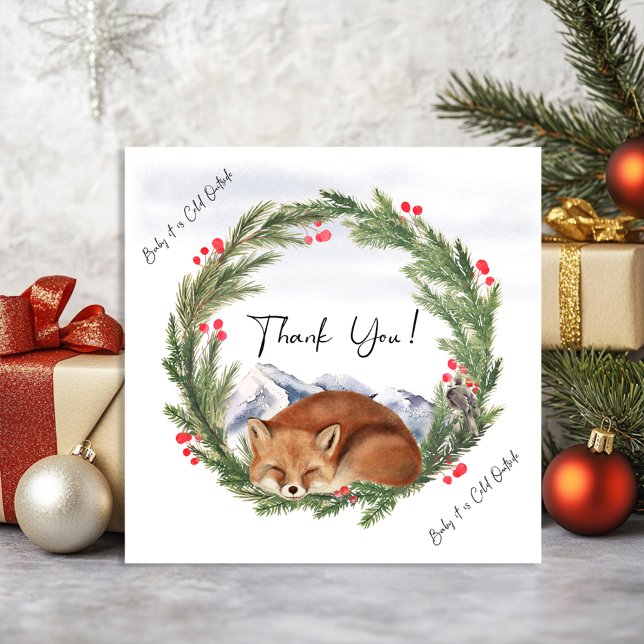 Tarjeta De Agradecimiento Frío fuera de Woodland Fox Winter Baby Shower (Cold Outside Woodland Fox Winter Baby Shower Thank You Card)