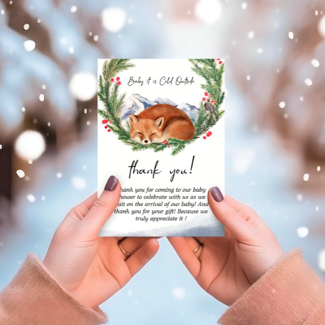Tarjeta De Agradecimiento Frío fuera de Woodland Fox Winter Baby Shower (Cold Outside Woodland Fox Winter Baby Shower Thank You Card)