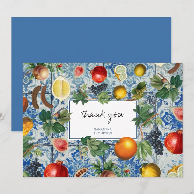 Tarjeta De Agradecimiento Frutas de Verano Mediterráneas Mosaico Azul Gracia (Anverso / Reverso)