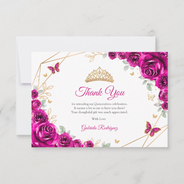 Tarjeta De Agradecimiento Fuchsia Pink Gold Floral Quinceanera (Anverso)