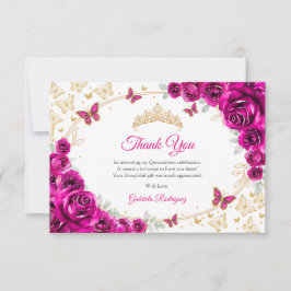 Tarjeta De Agradecimiento Fuchsia Pink Gold Floral Quinceanera