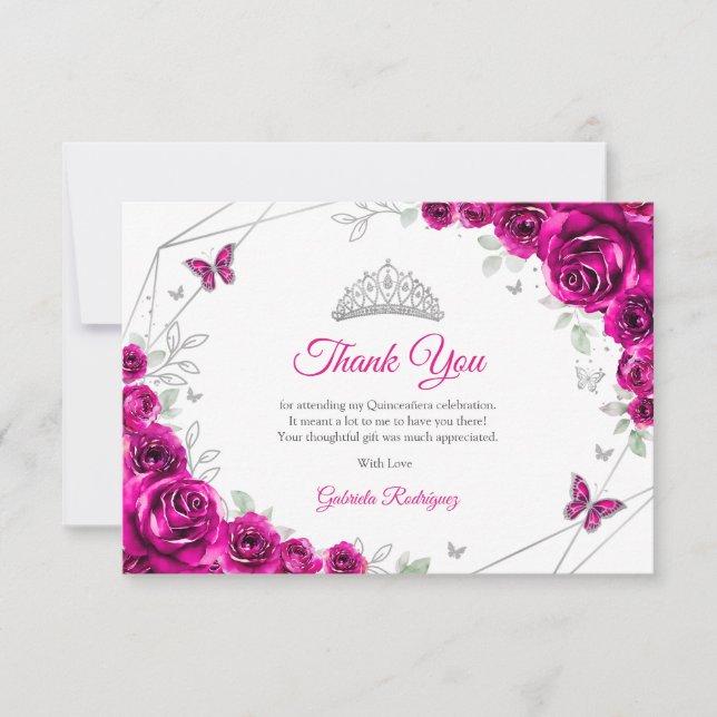 Tarjeta De Agradecimiento Fuchsia Pink Silver Floral Quinceanera (Anverso)