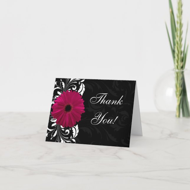 Tarjeta De Agradecimiento Fuchsia Scroll Gerbera Daisy con negro y blanco (Anverso)