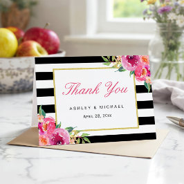 Tarjeta De Agradecimiento Fucsia Púrpura Rojo Floral Negro Rayas Gracias