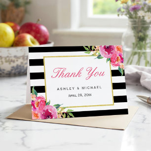 Tarjeta De Agradecimiento Fucsia Púrpura Rojo Floral Rayas Negras Gracias