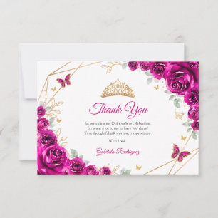 Tarjeta De Agradecimiento Fucsia Rosa Dorado Floral Quinceanera