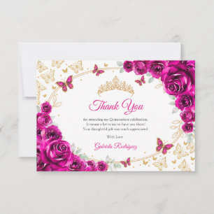 Tarjeta De Agradecimiento Fucsia Rosa Dorado Quinceanera Floral