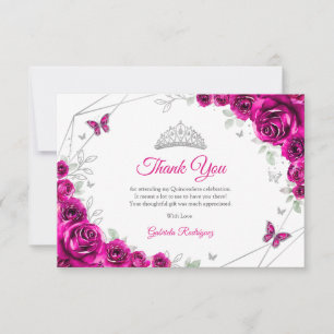 Tarjeta De Agradecimiento Fucsia Rosa Plateado Floral Quinceanera
