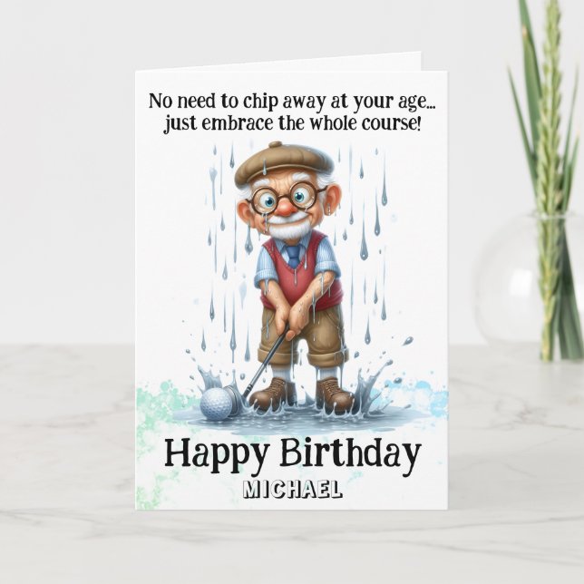 Tarjeta De Agradecimiento *~* Fun Age Senior AP94 Golf Rain Birthday Card (Anverso)