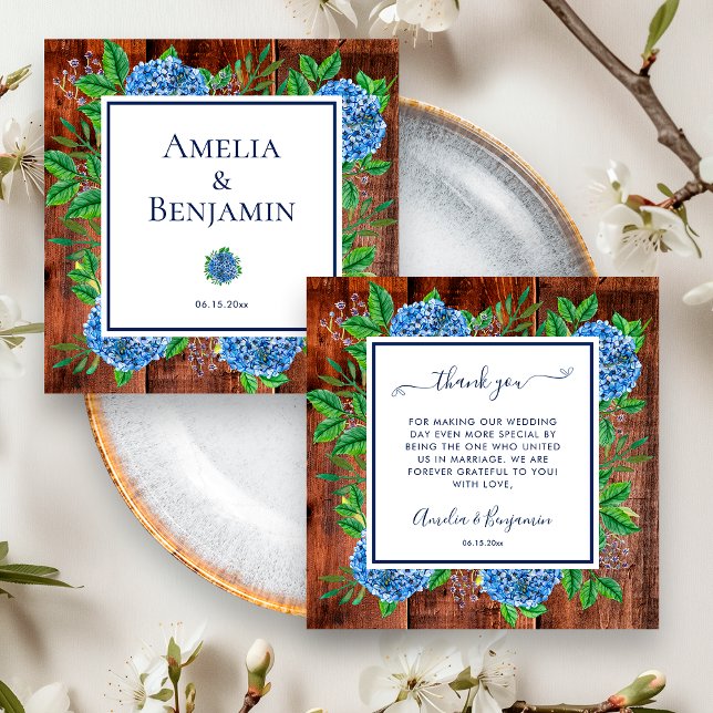 Tarjeta De Agradecimiento Funcionario de Boda Rustic Wood Blue Hydrangeas (Front / Back)