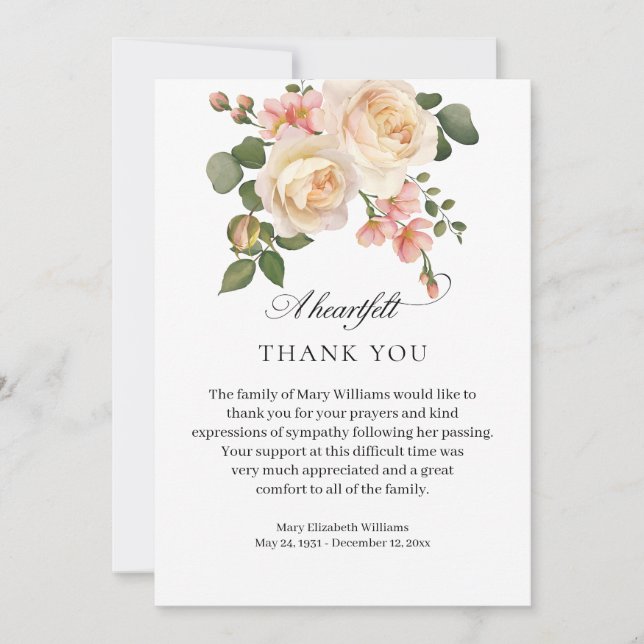 Tarjeta De Agradecimiento Fúnebre Floral Rosa Rosa (Anverso)