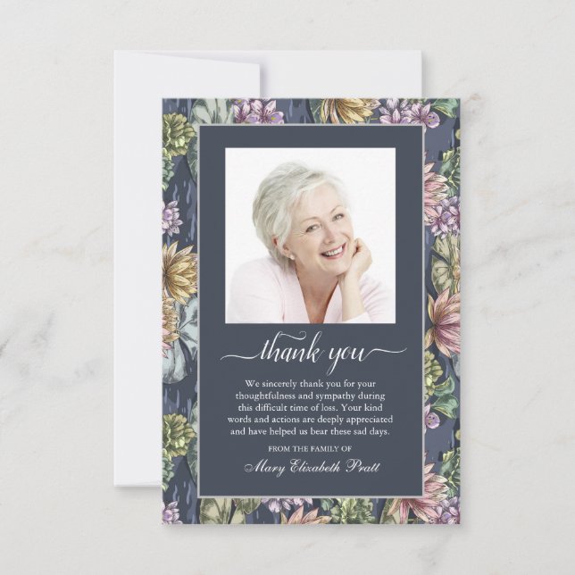 Tarjeta De Agradecimiento Funeral Blue Floral Photo Card (Anverso)