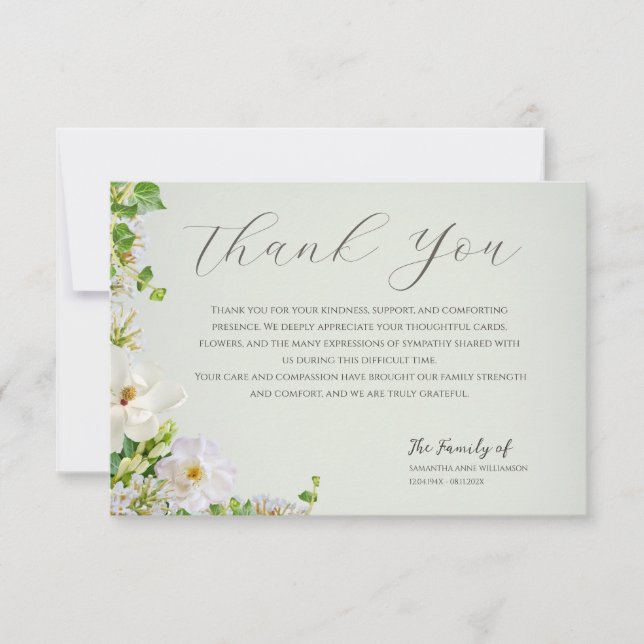 Tarjeta de agradecimiento funeral botánico verde s (Anverso)