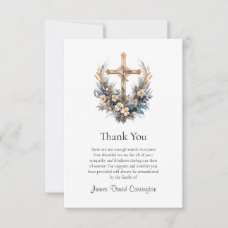 Tarjeta De Agradecimiento Funeral Católico Romano Cruz de Oro y Flores