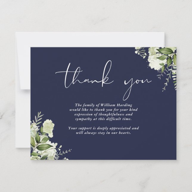 Tarjeta De Agradecimiento Funeral Celebration Of Life Greenery Navy Blue (Anverso)