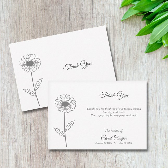 Tarjeta de agradecimiento funeral con diseño linea (Daisy Line Art Funeral Thank You Note Card)