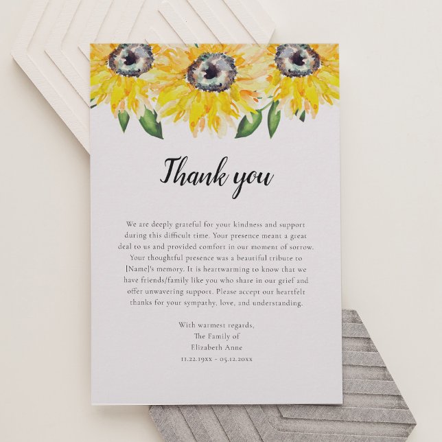 Tarjeta De Agradecimiento Funeral con guión de girasol Gracias Acuarela (Subido por el creador)