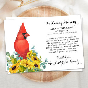 Tarjeta De Agradecimiento Funeral conmemorativo del Cardenal Sunflowers Symp