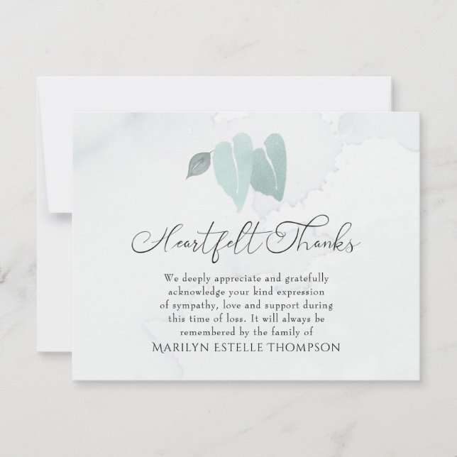 Tarjeta De Agradecimiento Funeral Corazón Gracias Hojas Acuarelas (Anverso)